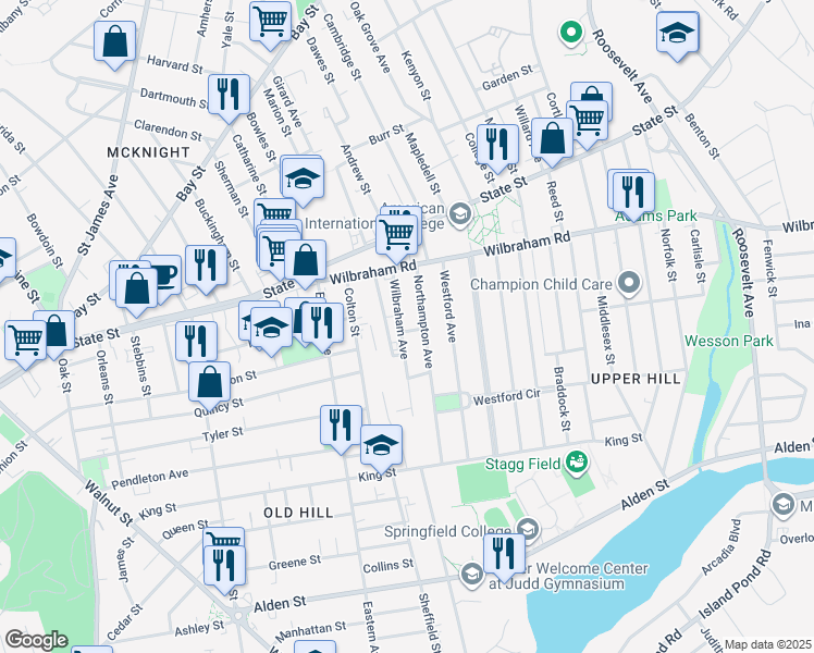 map of restaurants, bars, coffee shops, grocery stores, and more near 57-59 Wilbraham Avenue in Springfield