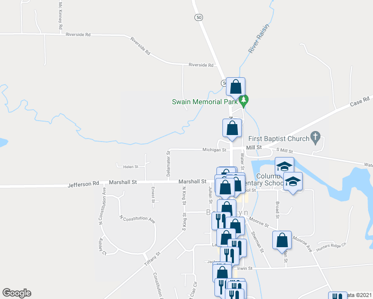 map of restaurants, bars, coffee shops, grocery stores, and more near 233 Michigan Street in Brooklyn