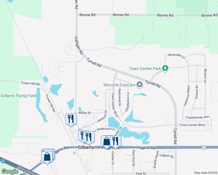 map of restaurants, bars, coffee shops, grocery stores, and more near 280 Jackson Street in Gilberts