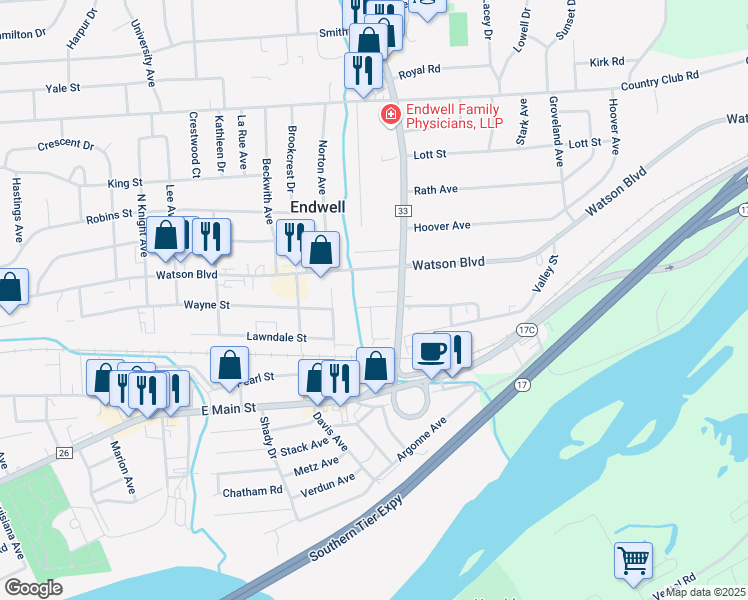 map of restaurants, bars, coffee shops, grocery stores, and more near 3511 Mary Street in Endicott