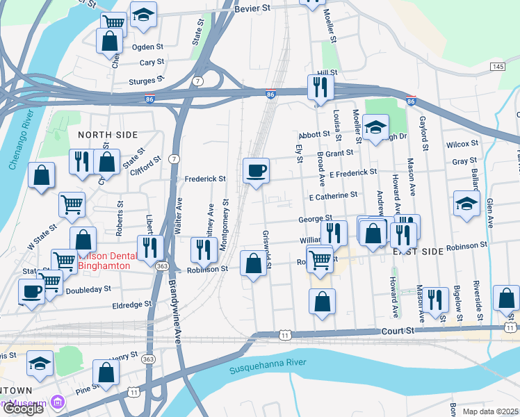 map of restaurants, bars, coffee shops, grocery stores, and more near 61 Griswold Street in Binghamton