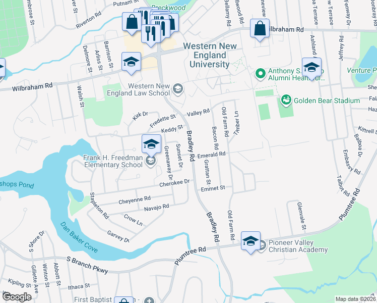 map of restaurants, bars, coffee shops, grocery stores, and more near 17 Shirley Road in Springfield
