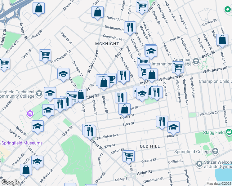 map of restaurants, bars, coffee shops, grocery stores, and more near 18 Terrence Street in Springfield