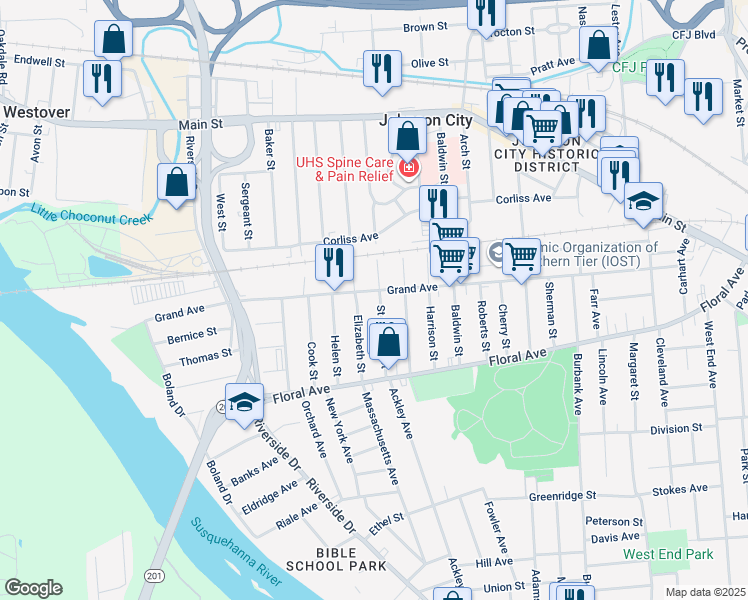 map of restaurants, bars, coffee shops, grocery stores, and more near 21 Elizabeth Street in Johnson City