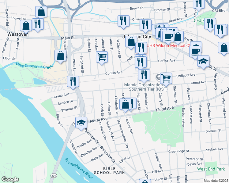 map of restaurants, bars, coffee shops, grocery stores, and more near 21 Elizabeth Street in Johnson City