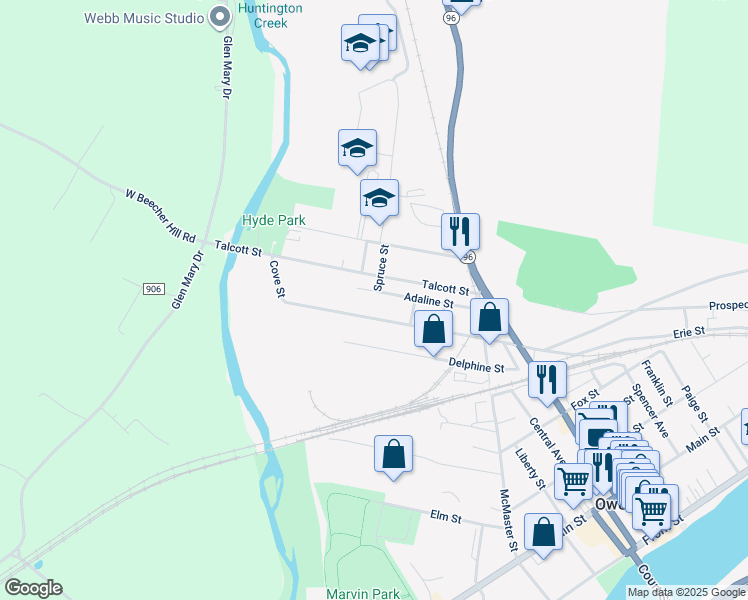 map of restaurants, bars, coffee shops, grocery stores, and more near 95 West Avenue in Owego