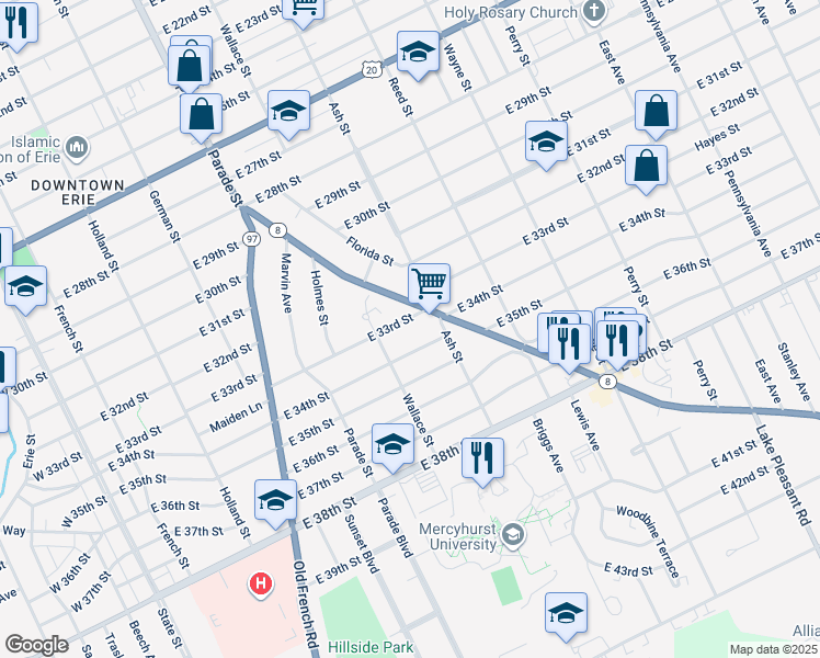 map of restaurants, bars, coffee shops, grocery stores, and more near 540 E 34th St in Erie
