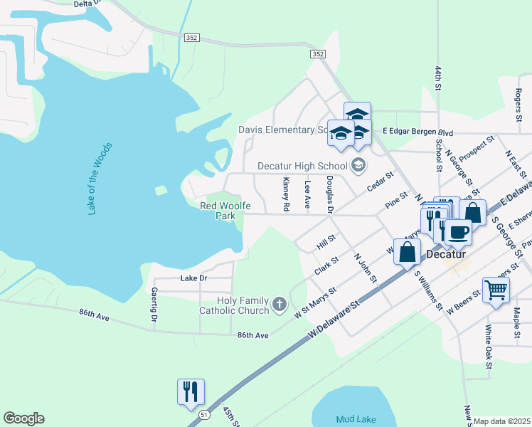 map of restaurants, bars, coffee shops, grocery stores, and more near 45207 Pine Street in Decatur