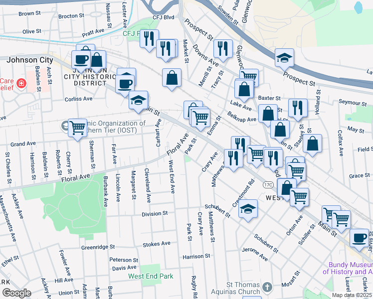 map of restaurants, bars, coffee shops, grocery stores, and more near 108 Grand Boulevard in Binghamton