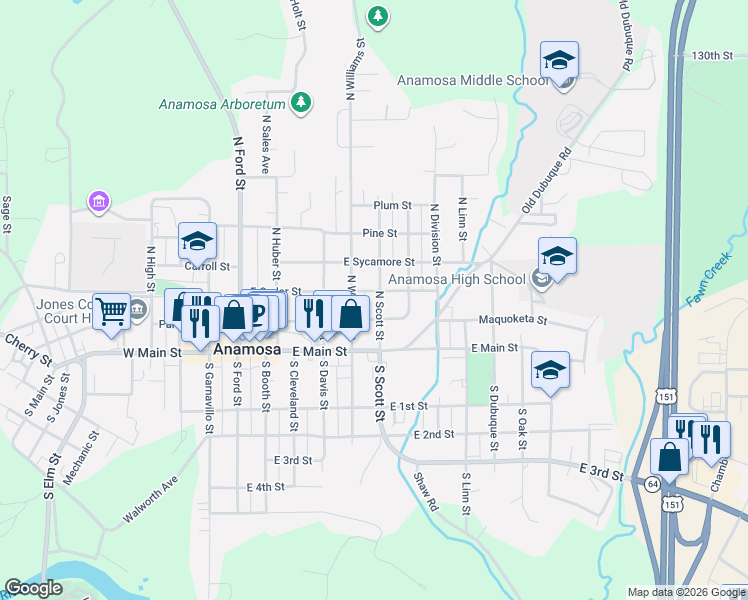 map of restaurants, bars, coffee shops, grocery stores, and more near 200-298 North Scott Street in Anamosa