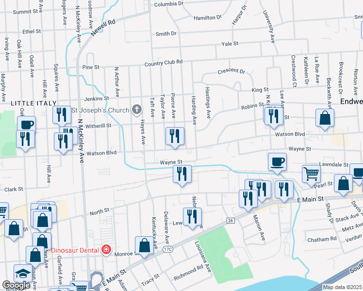 map of restaurants, bars, coffee shops, grocery stores, and more near 2400 Watson Boulevard in Endicott