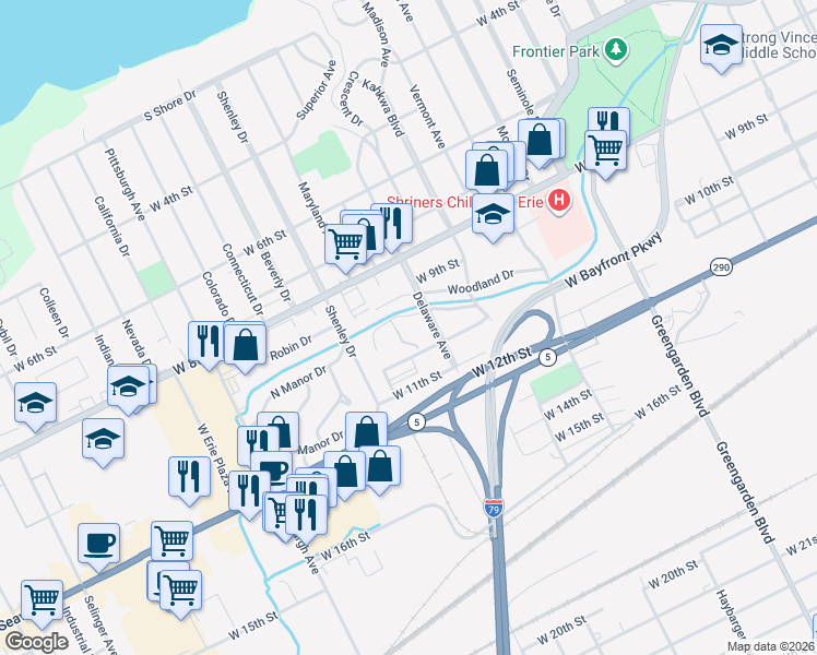 map of restaurants, bars, coffee shops, grocery stores, and more near 1945 Grove Drive in Erie