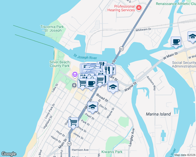map of restaurants, bars, coffee shops, grocery stores, and more near 614 Ship Street in Saint Joseph