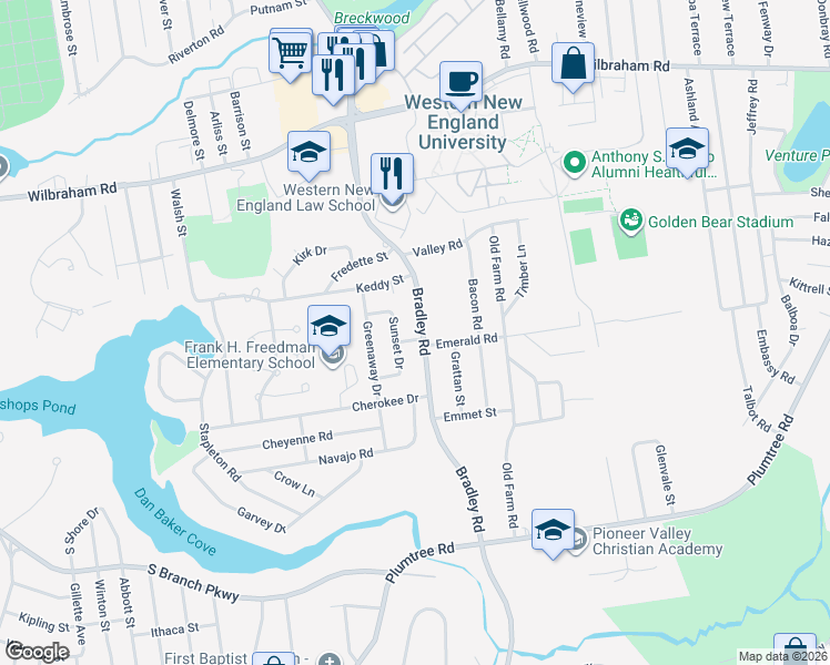 map of restaurants, bars, coffee shops, grocery stores, and more near 17 Shirley Road in Springfield