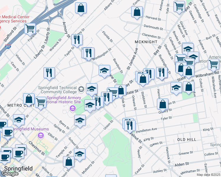 map of restaurants, bars, coffee shops, grocery stores, and more near 521 State Street in Springfield