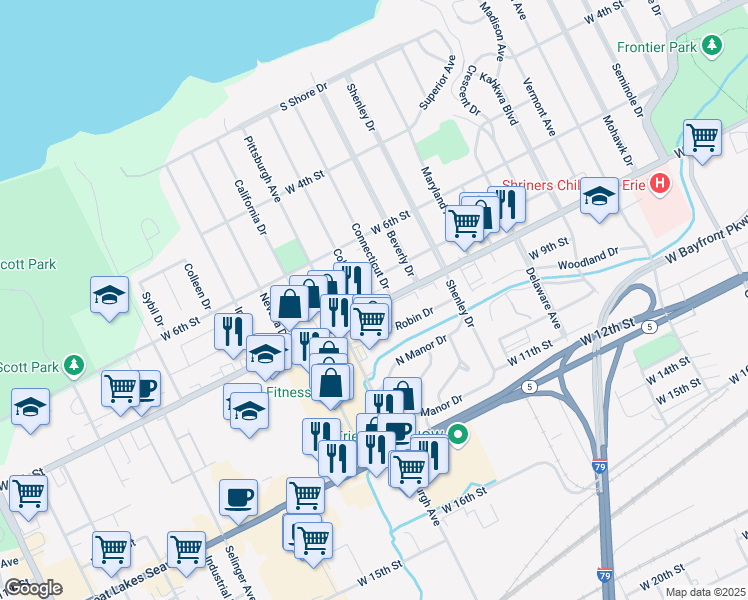 map of restaurants, bars, coffee shops, grocery stores, and more near 2150 West 8th Street in Erie