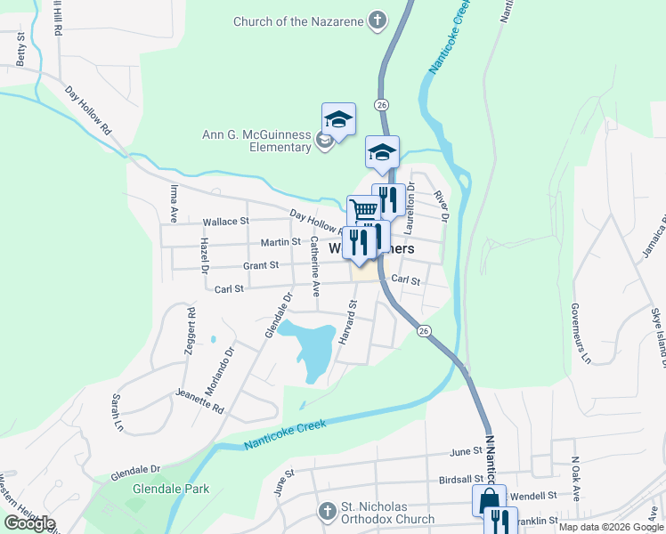 map of restaurants, bars, coffee shops, grocery stores, and more near 516 Carl St in Endicott