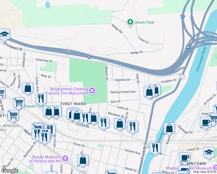 map of restaurants, bars, coffee shops, grocery stores, and more near 42 Spring Forest Avenue in Binghamton