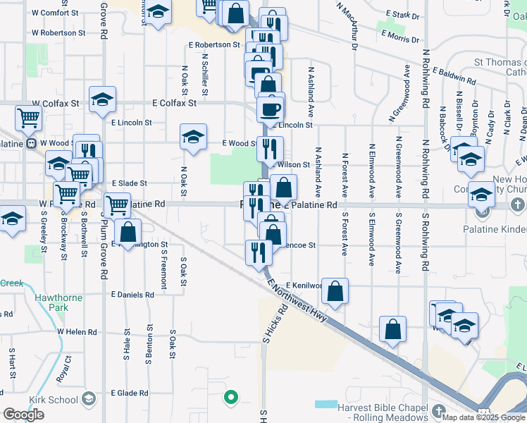 map of restaurants, bars, coffee shops, grocery stores, and more near 50 South Northwest Highway in Palatine