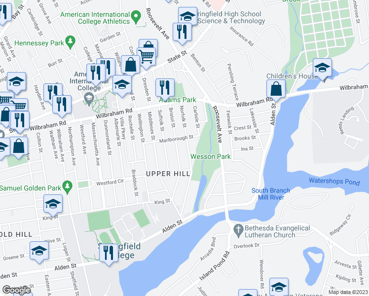 map of restaurants, bars, coffee shops, grocery stores, and more near 110 Norfolk Street in Springfield