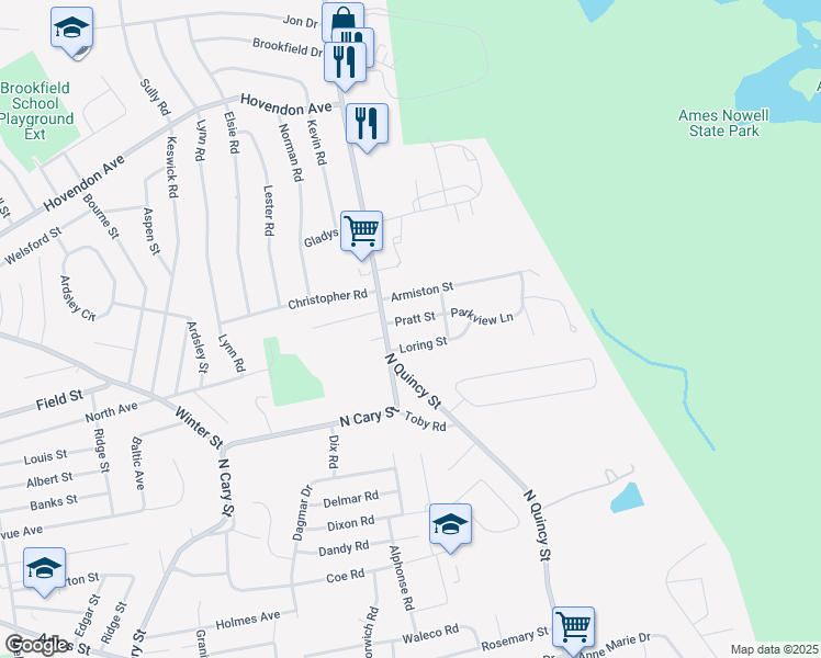 map of restaurants, bars, coffee shops, grocery stores, and more near 33 Loring Street in Brockton