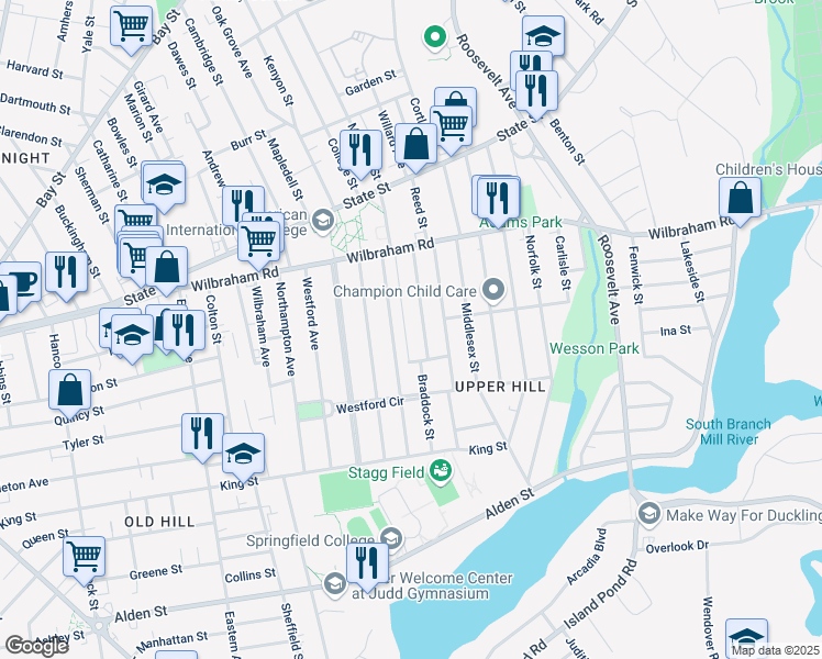 map of restaurants, bars, coffee shops, grocery stores, and more near 97 Villa Parkway in Springfield