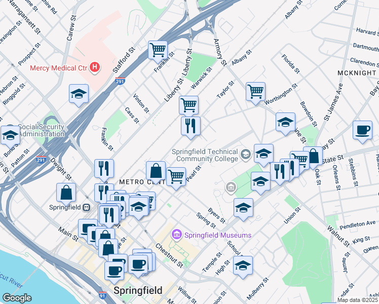 map of restaurants, bars, coffee shops, grocery stores, and more near 755 Worthington Street in Springfield