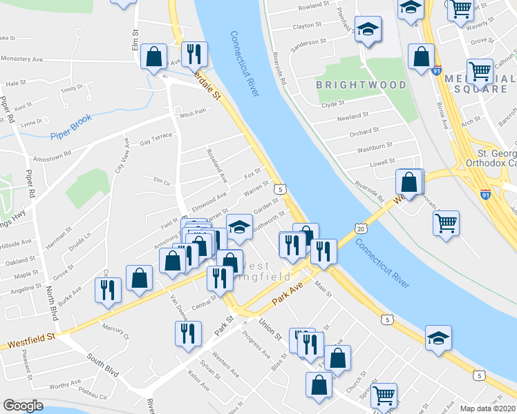 map of restaurants, bars, coffee shops, grocery stores, and more near in West Springfield