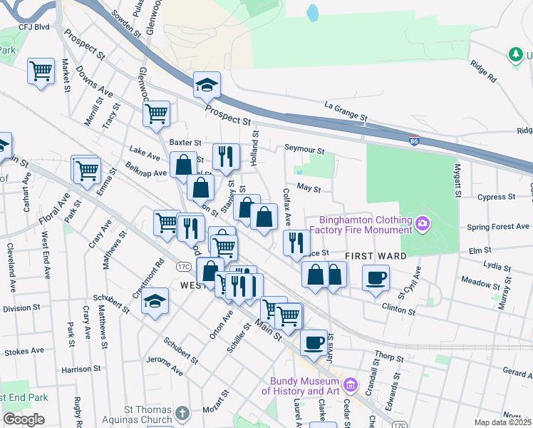 map of restaurants, bars, coffee shops, grocery stores, and more near 7 Holland Street in Binghamton