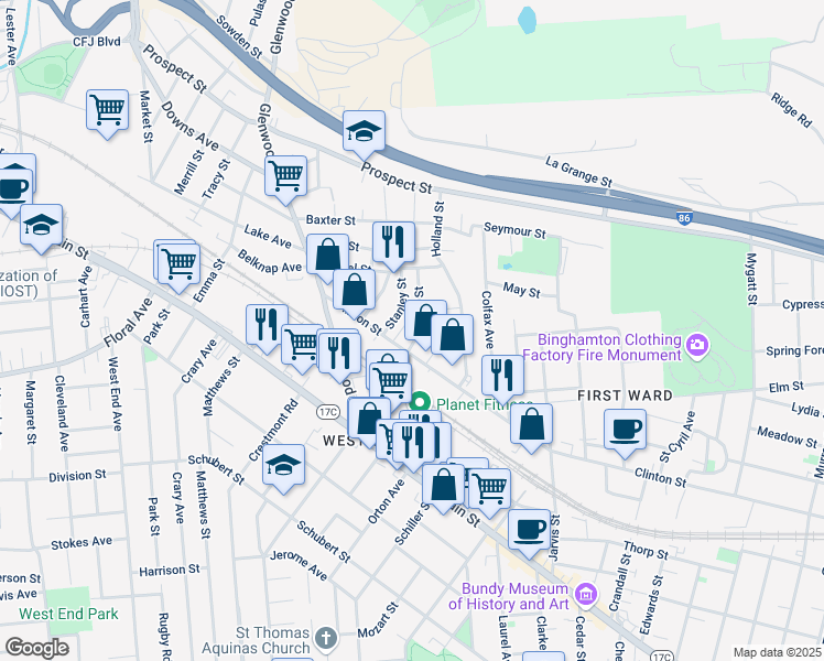 map of restaurants, bars, coffee shops, grocery stores, and more near 300 Matis Street in Binghamton