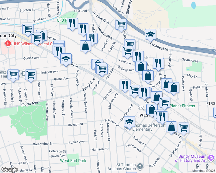 map of restaurants, bars, coffee shops, grocery stores, and more near 8 Brintnall Place in Binghamton