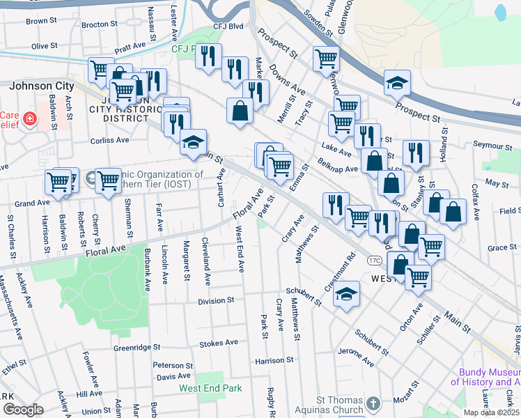 map of restaurants, bars, coffee shops, grocery stores, and more near 104 Grand Boulevard in Binghamton