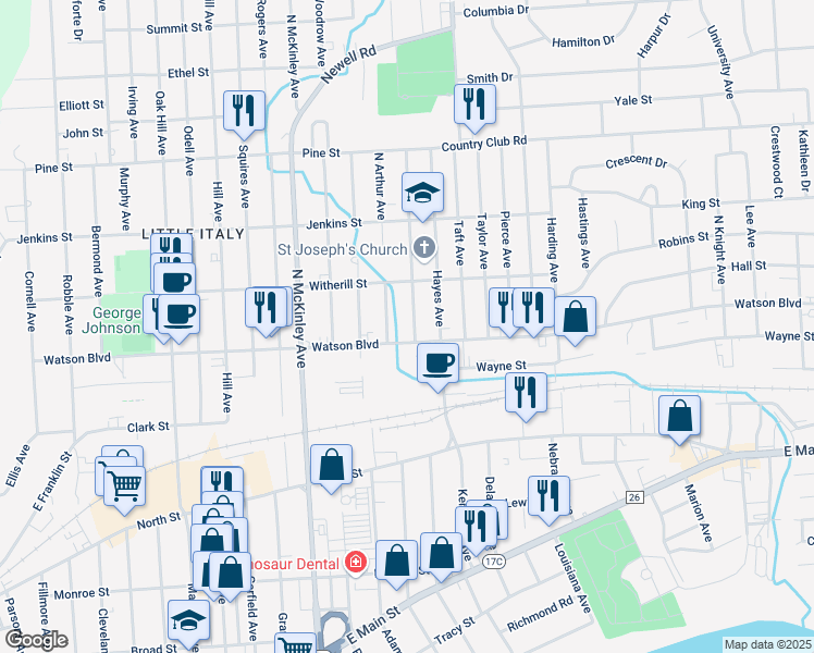 map of restaurants, bars, coffee shops, grocery stores, and more near 1912-1998 Watson Boulevard in Endicott