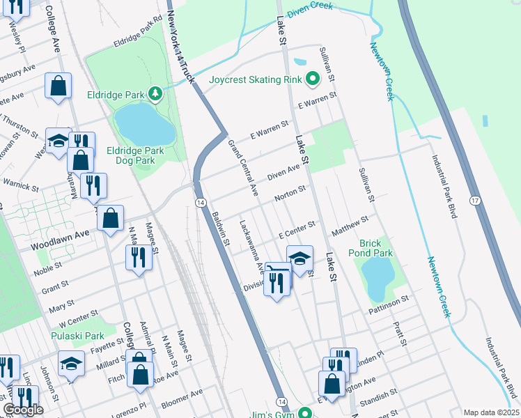 map of restaurants, bars, coffee shops, grocery stores, and more near in Elmira