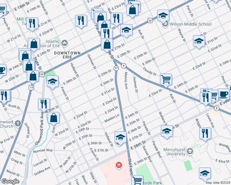 map of restaurants, bars, coffee shops, grocery stores, and more near 3123 German Street in Erie