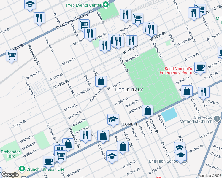 map of restaurants, bars, coffee shops, grocery stores, and more near 720 West 22nd Street in Erie