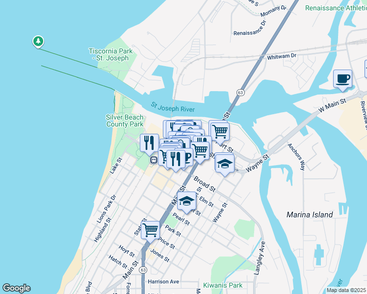 map of restaurants, bars, coffee shops, grocery stores, and more near 306 State Street in St. Joseph