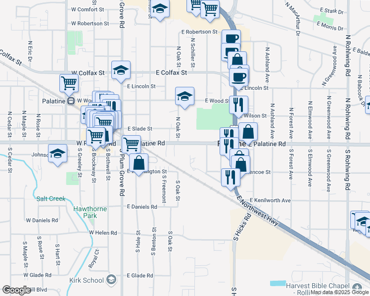 map of restaurants, bars, coffee shops, grocery stores, and more near 201 East Parallel Street in Palatine