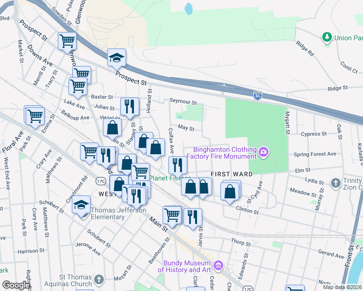 map of restaurants, bars, coffee shops, grocery stores, and more near 25 Berlin Street in Binghamton