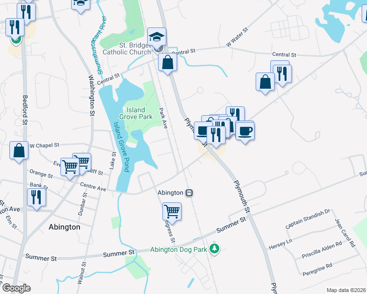 map of restaurants, bars, coffee shops, grocery stores, and more near 49 Park Avenue in Abington