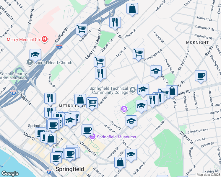 map of restaurants, bars, coffee shops, grocery stores, and more near 192-194 Pearl Street in Springfield