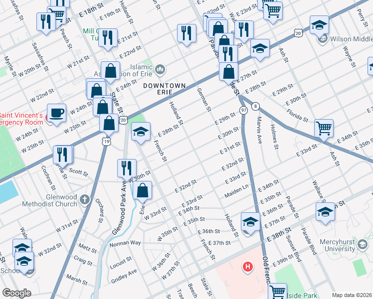 map of restaurants, bars, coffee shops, grocery stores, and more near 139 East 30th Street in Erie