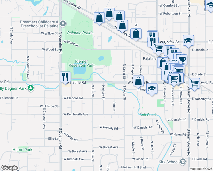 map of restaurants, bars, coffee shops, grocery stores, and more near 25 Hickory Street in Palatine