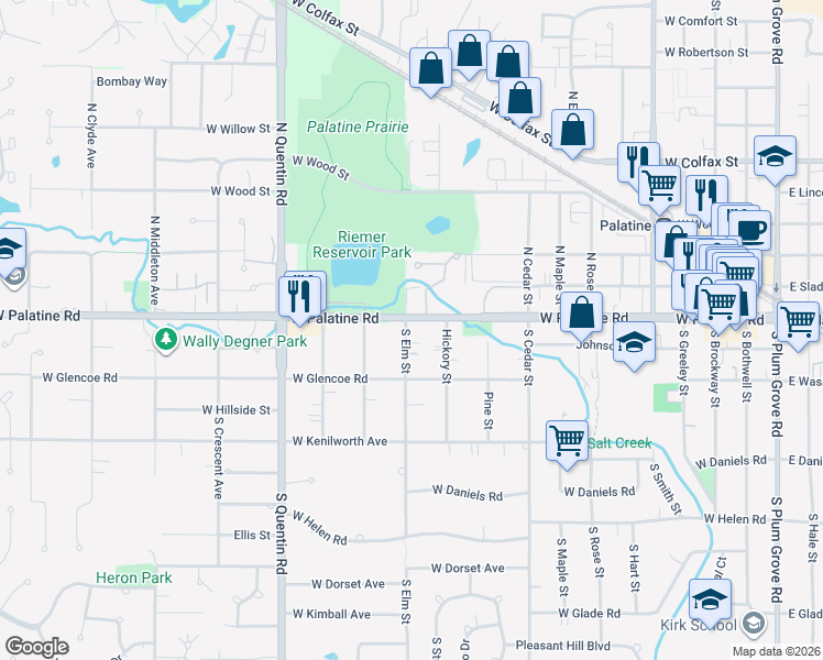 map of restaurants, bars, coffee shops, grocery stores, and more near 23 South Elm Street in Palatine