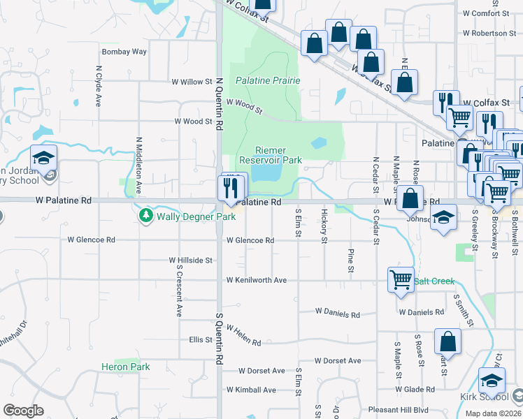 map of restaurants, bars, coffee shops, grocery stores, and more near 24 South Ash Street in Palatine