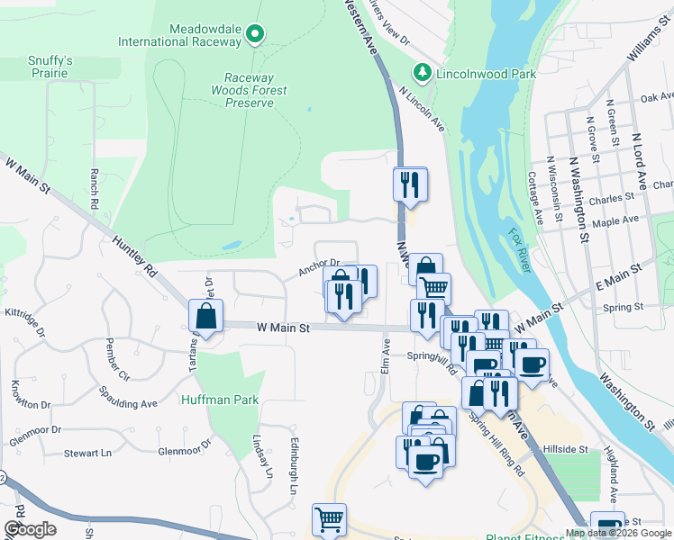 map of restaurants, bars, coffee shops, grocery stores, and more near 124 Tay River Drive in Carpentersville