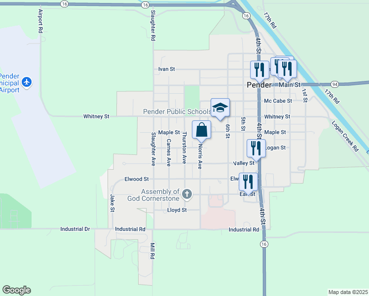 map of restaurants, bars, coffee shops, grocery stores, and more near Thurston Avenue in Pender