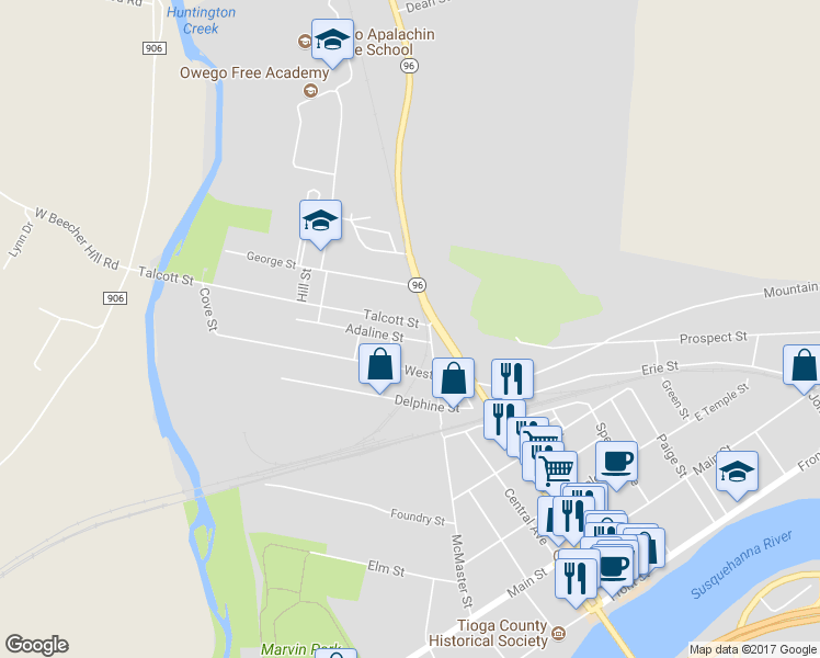 map of restaurants, bars, coffee shops, grocery stores, and more near 10 Talcott Street in Owego