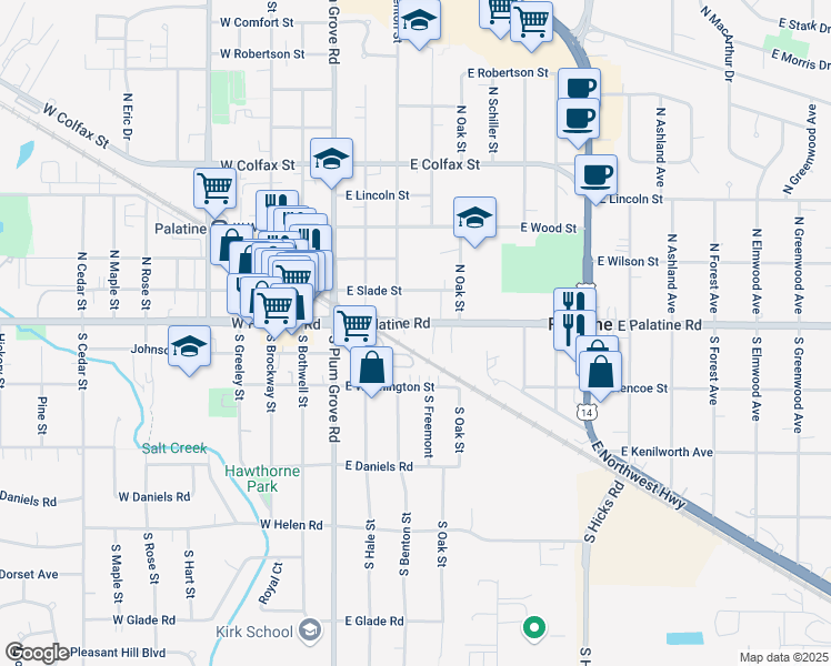 map of restaurants, bars, coffee shops, grocery stores, and more near 59 South Hale Street in Palatine