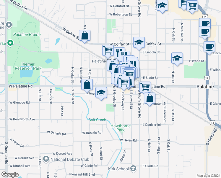 map of restaurants, bars, coffee shops, grocery stores, and more near 133 West Palatine Road in Palatine